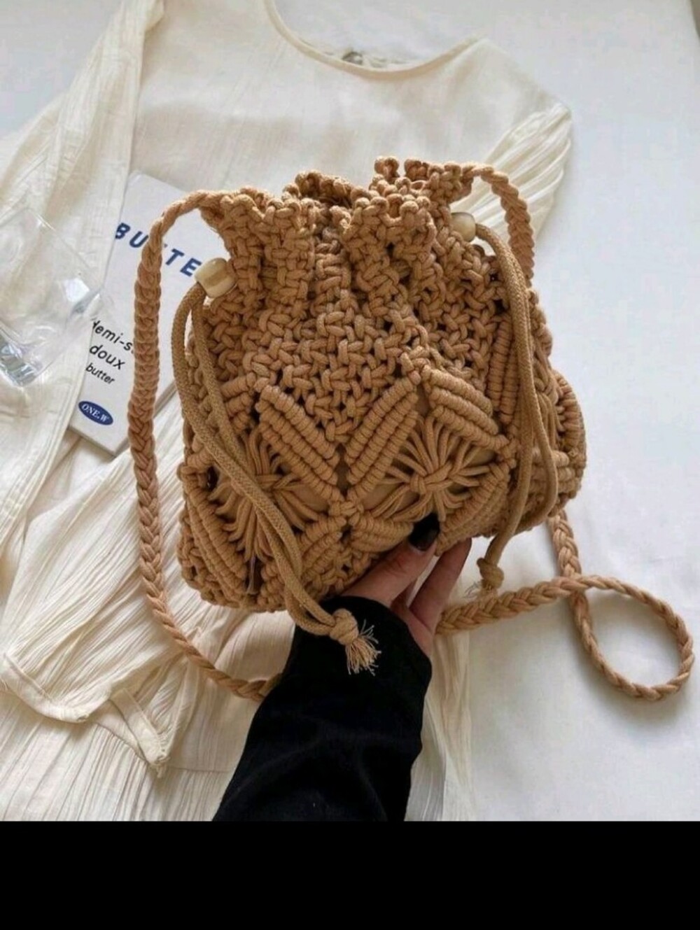 Beige  Hand Woven Drawstring Shoulder Bag